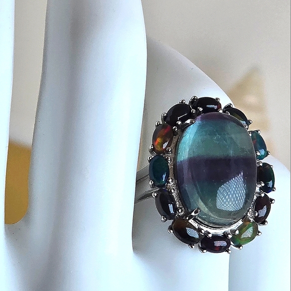 Natural Fluorite & Black Opal 925 Sterling Silver Ring Sz 7.25 - Picture 10 of 14